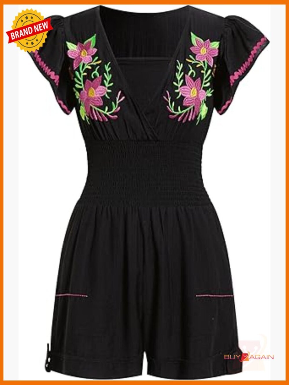 Embroidered V Neck One Piece Short Jumpsuit Romper with Pockets